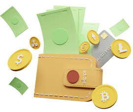 3d icon wallet with cryptocurrencies and visa card